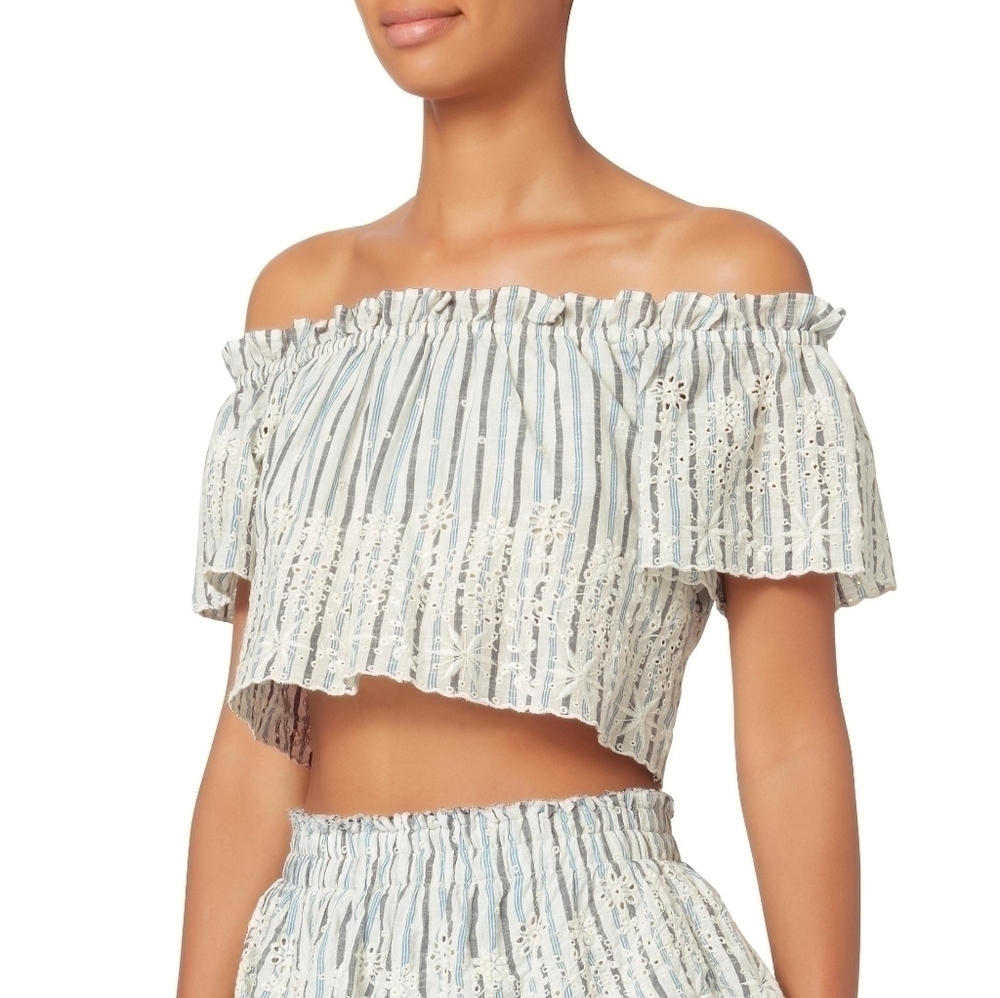 LoveShackFancy Off Shoulder Embroidered Crop Top
